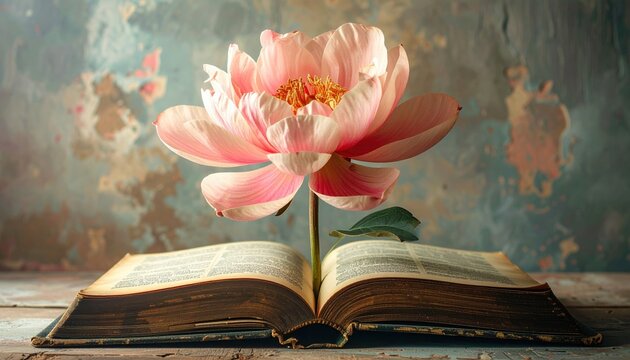 A giant flower blooming from a vintage book, creativity and imagination concept