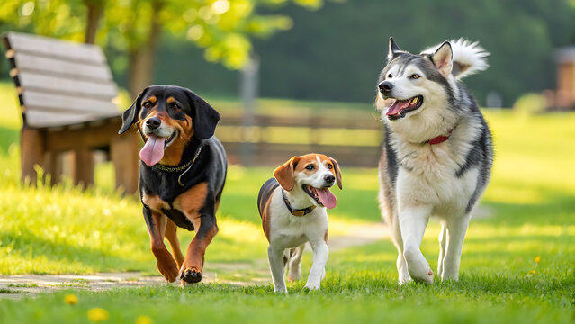 Three happy dogs running together in a sunny park during a summer day walk