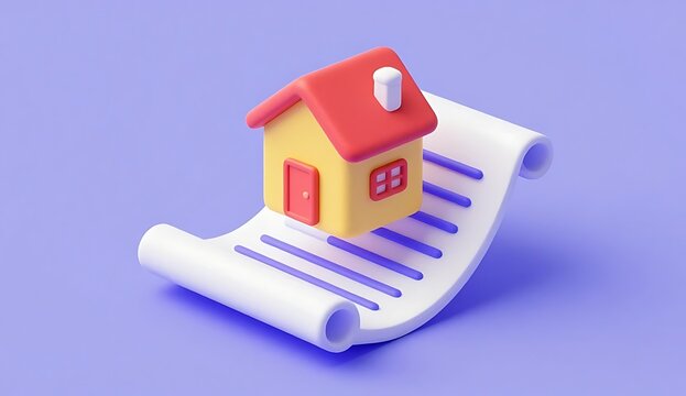 3D Render of a Cute Yellow and Red House Model Resting on Top of a Rolled Legal Document Scroll Real Estate Deed Ownership Concept
