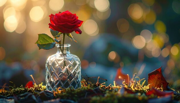 A red rose growing from a crystal bottle, romantic nature concept