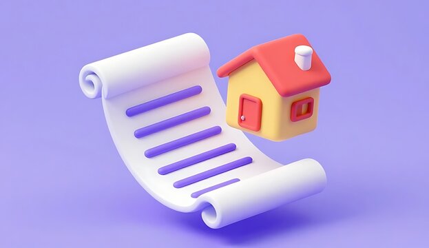 3D Render of a Cute Yellow and Red House Model Resting on Top of a Rolled Legal Document Scroll Real Estate Deed Ownership Concept