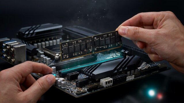 Computer motherboard with hands installing a memory component for hardware upgrade