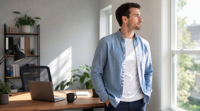 Young Professional Man Standing in Bright Modern Home Office Looking out Window, Concept for Remote Work and Entrepreneurship