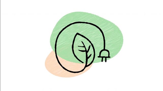 An animated hand-drawn electric power plug sprout wrapped with green leaves. Ideal for green electricity, clean power connections, and eco appliances.