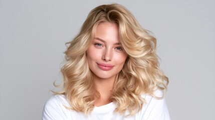 Naklejka premium Blonde woman smiling with long wavy healthy hair
