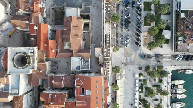 Top-Down Aerial View of Historic European Old Town With Red Tile Roofs