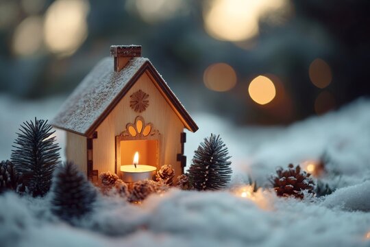 Miniature wooden house with lit candle in winter snow