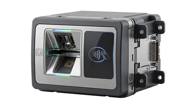 Industrial barcode scanner with contactless NFC reader, automated retail payment terminal, embedded QR code laser module