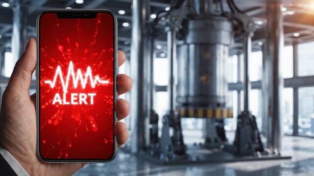 Smartphone alert with heart rhythm and industrial background