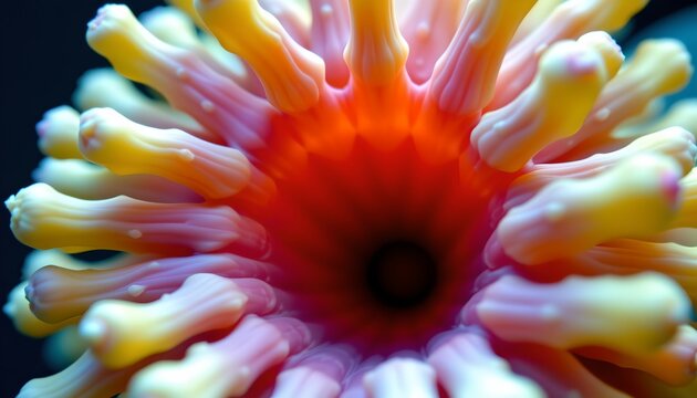 The image features a close up view of a vibrant, multicolored coral with numerous elongated, finger like extensions radiating outward in a circular pattern