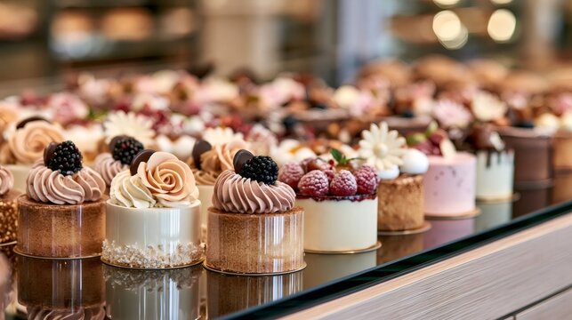 Assortment of gourmet mini cakes in bakery display