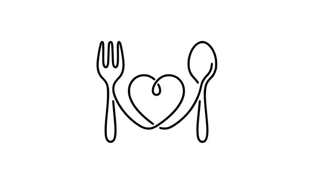 Love cooking fork spoon heart continuous one line minimalist food vector icon