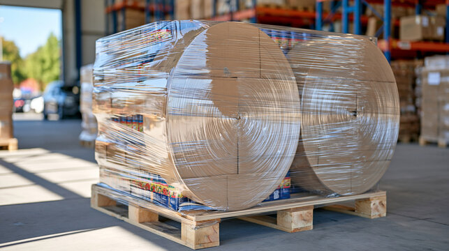 Detailed close up of transparent stretch film wrapped around a perfectly organized pallet of packaged food, visible cardboard textures and colorful product packaging beneath the clear protective lay