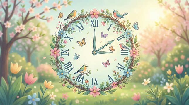 Springtime Seasonal Time Change Announcement Graphic Featuring Decorative Floral Clock Dial With Songbirds And Flying ButterfliesYour Clock Ahead Reminder Concept Background seasonal springtime