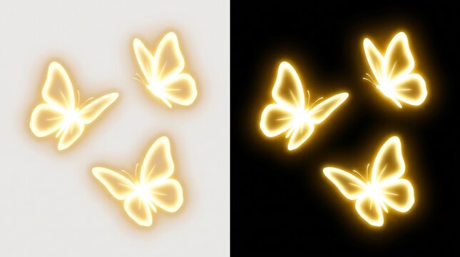 Glowing golden butterflies with neon light effect on light and dark background