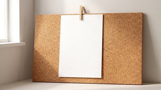 Blank paper pinned to a corkboard with a wooden clothespin.