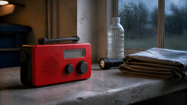 Hand Crank Emergency Radio Prepared beside a Storm Window