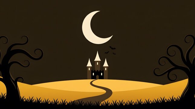 A spooky pixel art landscape featuring a dark haunted castle on a hill under a glowing crescent moon at night time