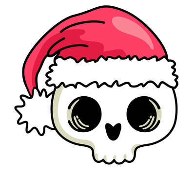 Skull with Santa Hat. Skull in Santa Claus Hat drawing in tattoo Style. illustration for greeting card or poster, print on clothes. New Year s and Christmas