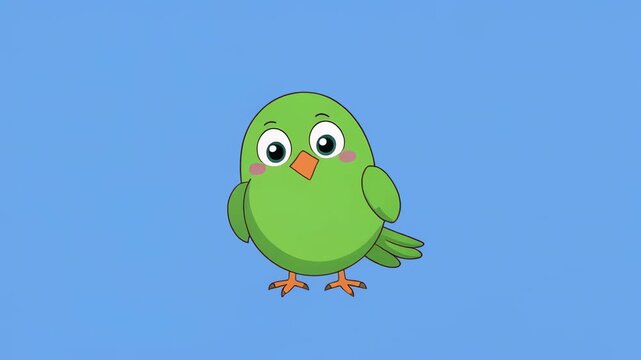 Cute green bird animated sequence with simple joyful movements against a clean blue background