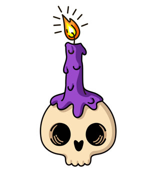 Human Skull with candle light. Cute human Skull, skeleton head for the holiday Halloween, poster, template, text, party, happy