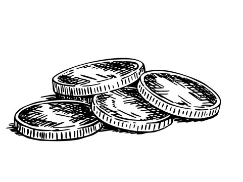 Editorial illustration of stacked coins symbolizing money, savings, wealth, finance and currency, with a hand drawn black and white style isolated on white