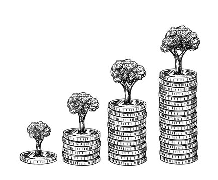 Money trees growing from stacked coins symbolize financial growth. Editorial represents prosperity, earnings and economic progress