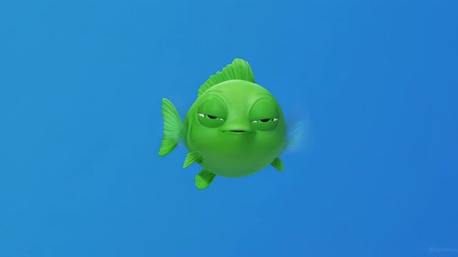 Small green fish with big eyes swims with different expressions in blue background cinematic motion