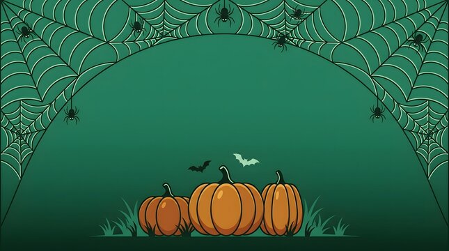 A festive halloween background featuring three orange pumpkins sitting below an intricate dark green decorative arch with bats and spider web patterns