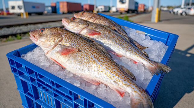 Fresh whole cod arranged on clear ice cubes in a professional seafood crate, railway cargo terminal with refrigerated containers in the background, alternative seafood transportation and supply chai
