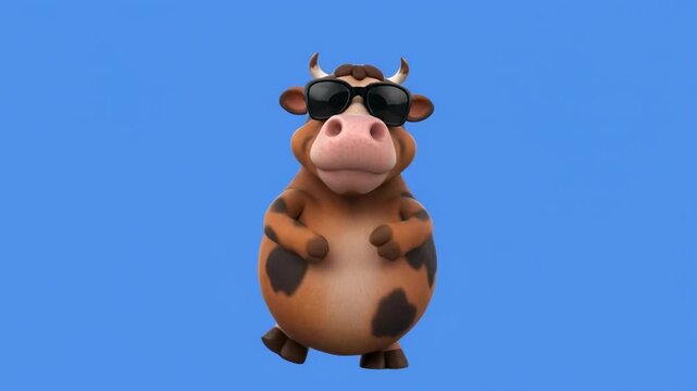 Cow dancing with sunglasses on blue background cinematic motion