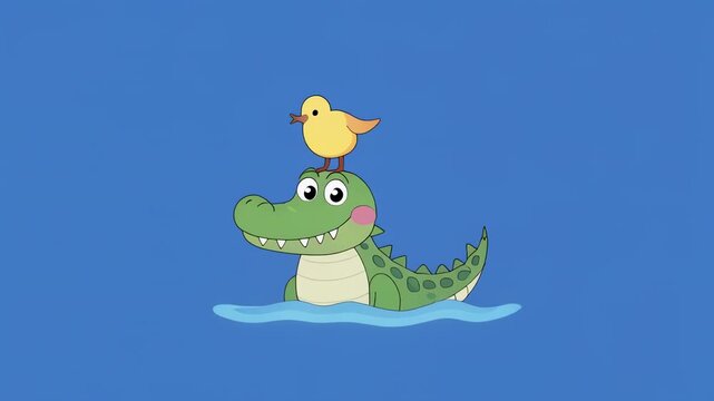Cute alligator with bird on head swimming in blue water with gentle waves