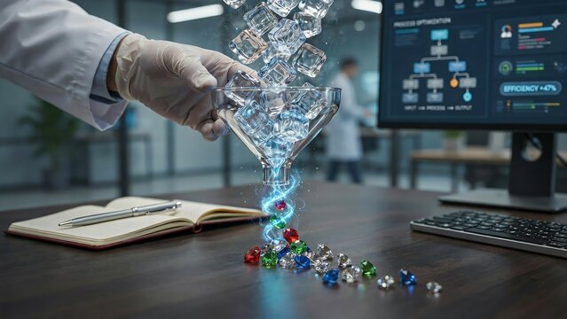 Digital technology concept showing data flowing into dna research with computer analysis