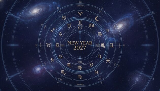 Astrological chart for New Year 2027 featuring zodiac signs, celestial symbols, and a cosmic background with galaxies and stars in a circular layout