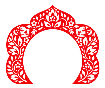 Traditional Russian kokoshnik with floral embroidery. Slavic folk ornament frames an empty center. artwork evokes cultural heritage and festive costume