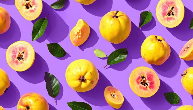 Seamless colorful quince fruit pattern on purple background