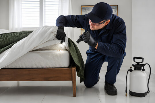 Professional Bed Bug Control Pest Control Technician Inspecting Mattress for Bed Bug Infestation Using Flashlight During Residential Bed Bug Inspection and Extermination Service Treatment