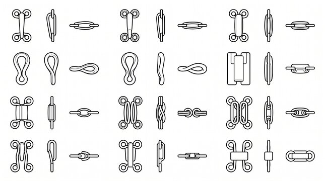 Hook and Eye Fasteners Technical Drawing Set - Vector Line Art of Clothing Closures for Sewing and Tailoring