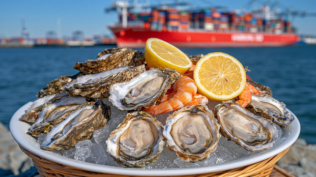 Large assortment of fresh shellfish displayed on transparent ice cubes, container ship sailing away from a major seaport in the background, international food trade and seafood shipping concept, cin