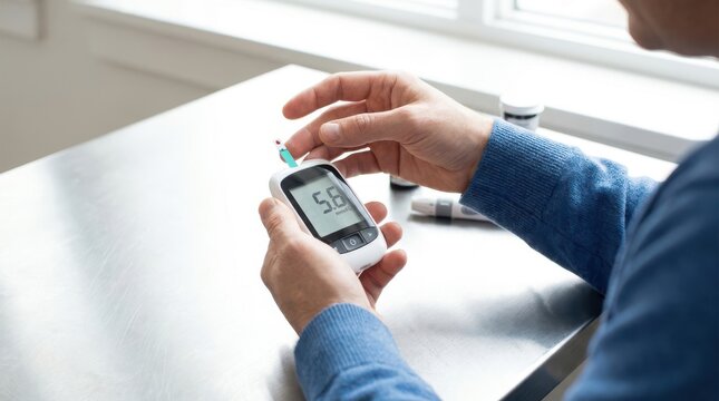 Patient holding glucometer displaying normal blood sugar level reading after testing on silver medical office table.