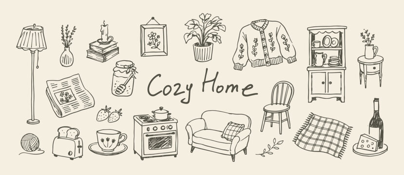 Cozy Home Hand Drawn Set Vector Illustration