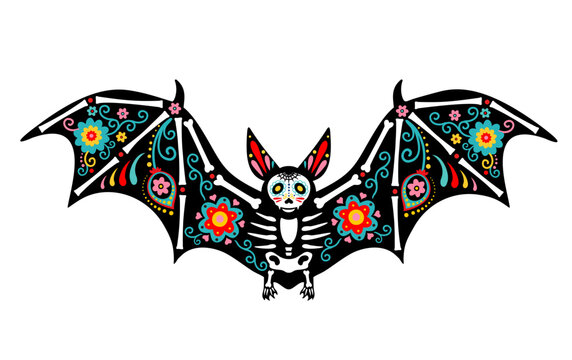 Decorated bat skeleton inspired by Mexican Day of the Dead traditions. Colorful sugar skull and floral ornaments create a festive gothic design. Dia de los Muertos artwork