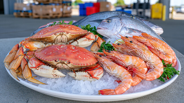 Mixed seafood including crab, shrimp and whole fish arranged on glistening crushed ice, busy seafood auction warehouse in the background with pallets and shipping crates, fresh catch supply chain co