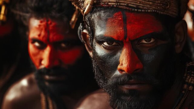 Powerful Expression of Tribal Culture in Vivid Tribal Faces Showcasing Strength and Heritage Through Body Art and Traditional Attire. Generative AI