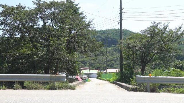 초록색 가로수와 가드레일 사이로 시골 마을로 이어지는 좁은 도로와 전신주가 보이는 평화로운 풍경