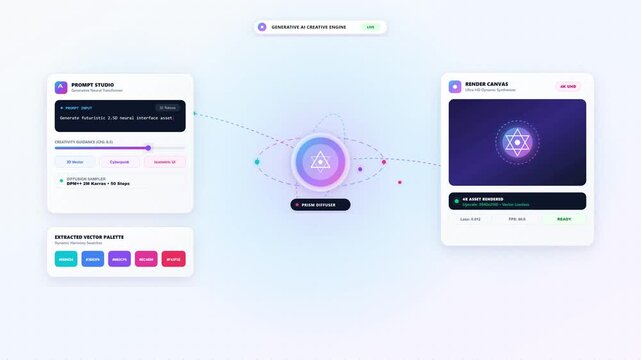 Modern AI generator user interface showing prompt studio and render canvas with vector tools