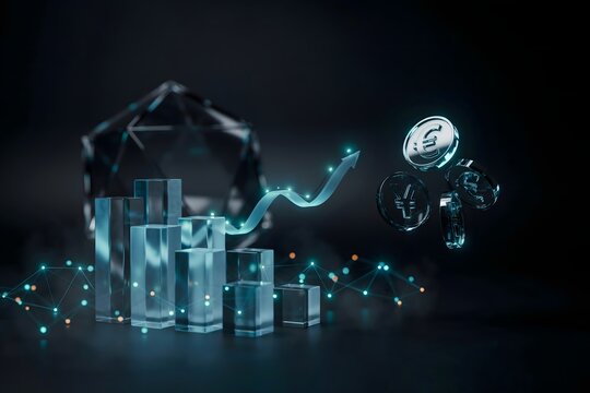Futuristic Digital Finance Concept with Rising Graph, Cryptocurrency and Data Analytics Visualization