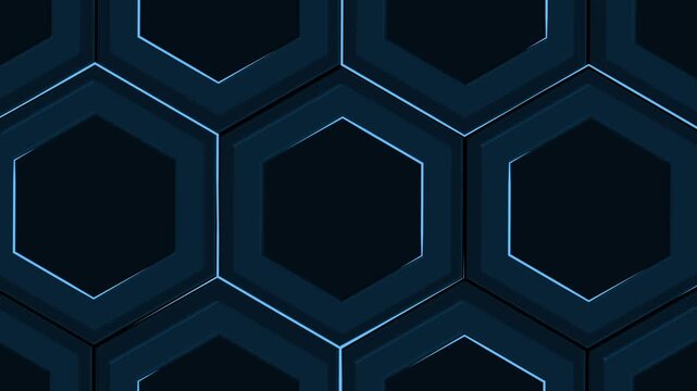 Dark hexagonal pattern with layered geometric tiles and thin neon outlines background animation