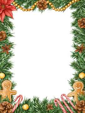 Vertical Christmas Frame with Evergreen Poinsettia and Candy Canes