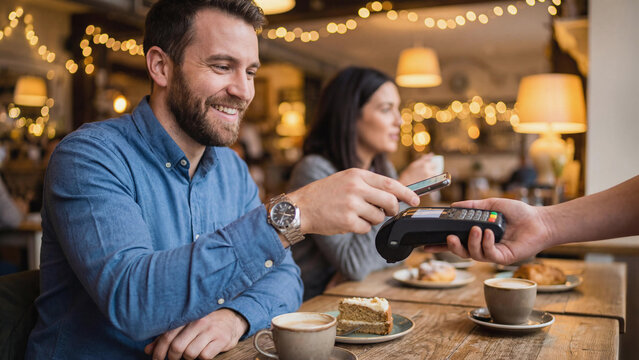 A smiling Caucasian man pays for his order using a smartphone and contactless terminal at a cozy cafe. Coffee and pastries are on the table. Modern payment, quick service, relaxed atmosphere
